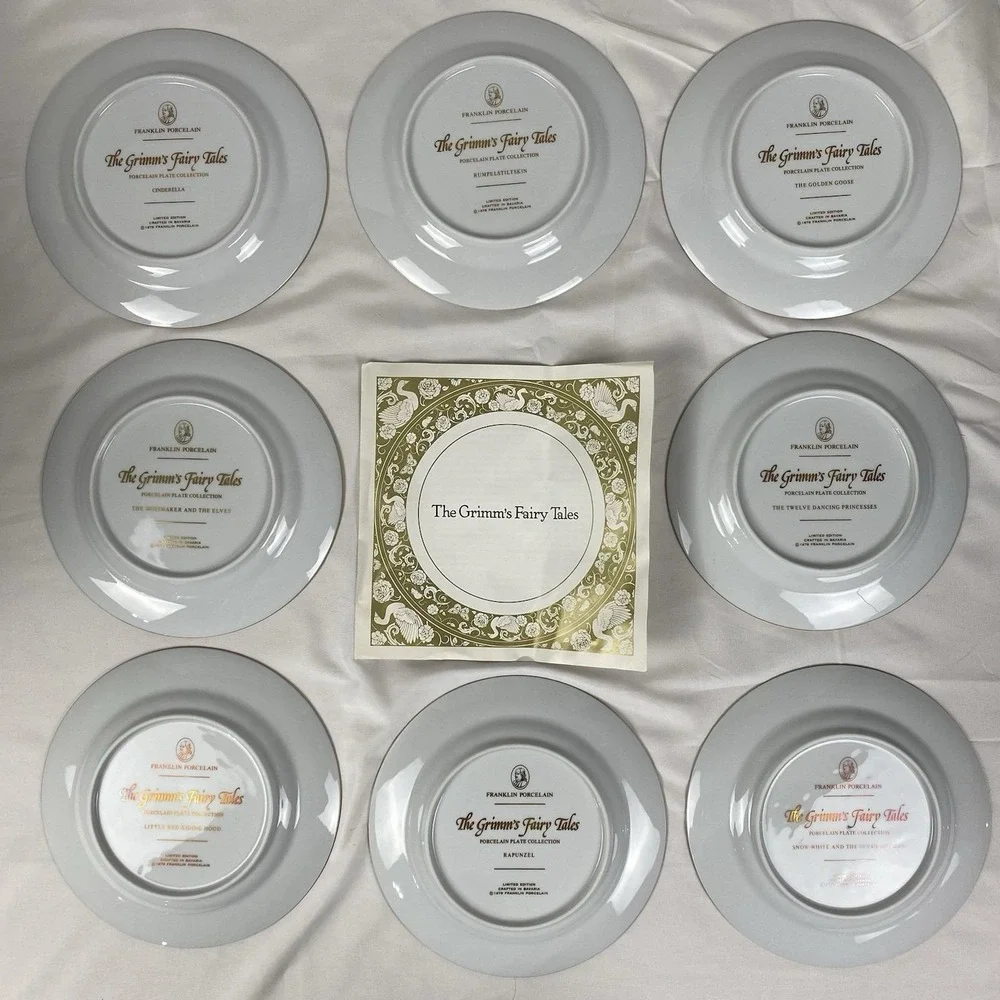 Vintage Franklin Porcelain Grimm's Fairy Tales 8in Plates Lot of 8 Bavaria 1978